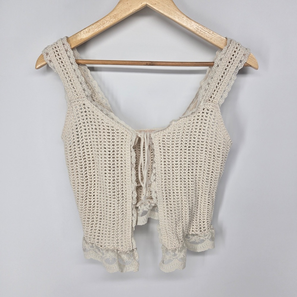 GLG Good Luck Gem Crochet Vest Crop Top Small Cream Lace Boho Y2k festival